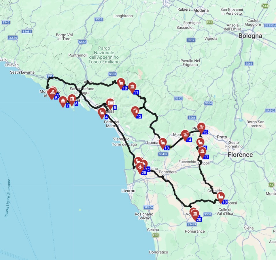 Map for טיול משפחתי באיטליה 8 ימים תכנון מסלול מפיזה לצינקווה טרה טוסקנה וליגוריה השכרת מוטורהום